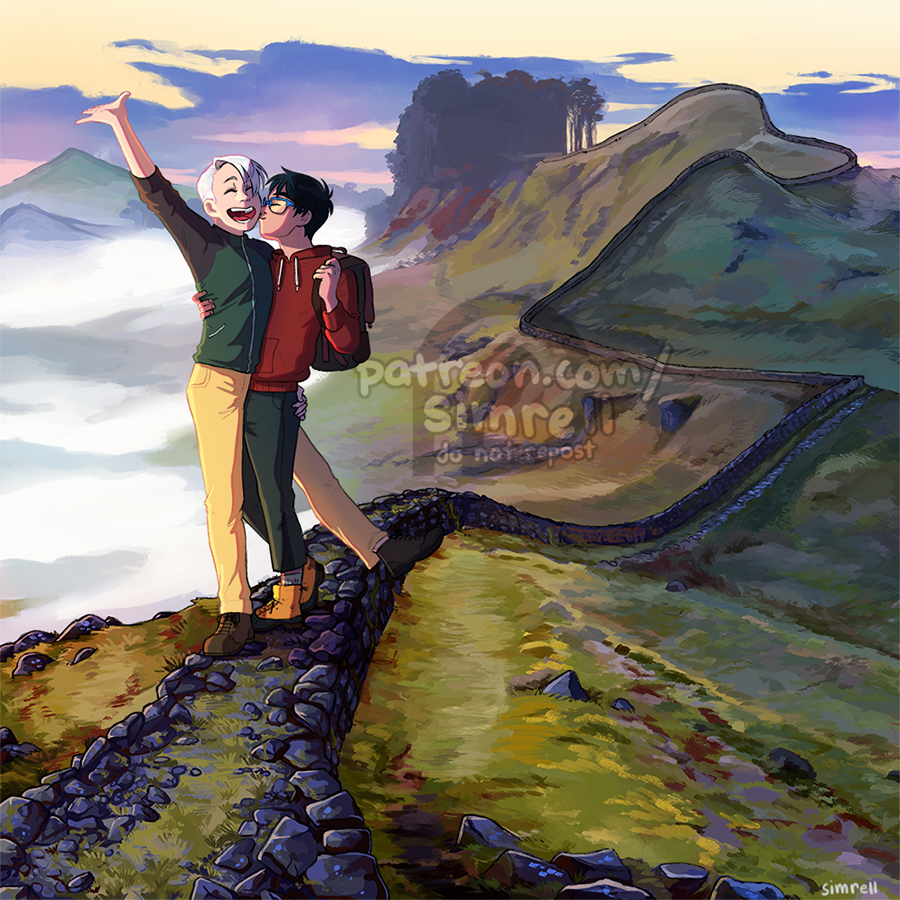 my full piece for @unknownlandzine ! a travel themed yuri on ice zine. i drew yuuri and viktor making the 80km trek along hadrian's wall in the UK.