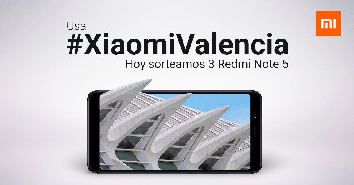 ¡REGALAMOS 3 Redmi Note 5 HOY!
1. RT 
2. Sigue a <a href="/XiaomiEspana/">Xiaomi España</a> 
3. Comenta con #XiaomiValencia Los ganadores los anunciamos el lunes. ¡MUCHA SUERTE a todos!! 📱📱📱