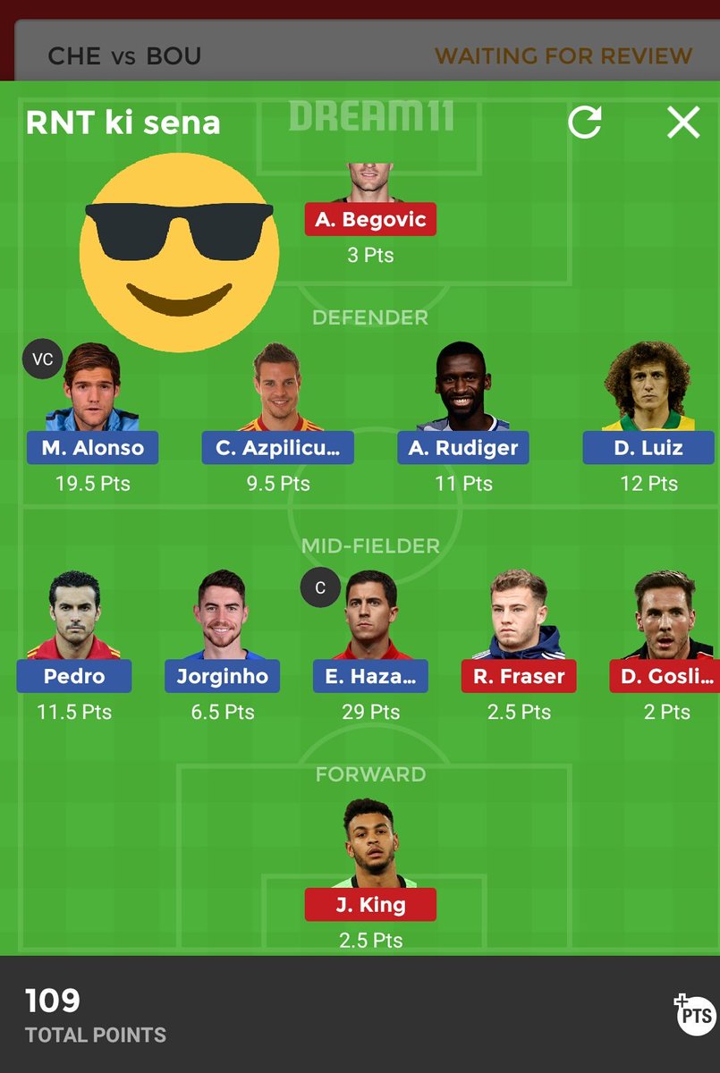 RNTkisena's tweet photo. #CHEvsBOU 
GL WINNING performance by small leauge team ⚽⚽ 
team posted and Everyone won 😉😉 
 #Congratulations post winning here plzz 
Now HIT  #RETWEET  
#dream11 #dream11team #RMLEG #RMvsLEG #JUVvsPAR #JUVPAR #fantasyfootball #LaLiga ⚽⚽ https://t.co/pZbjr3wdle