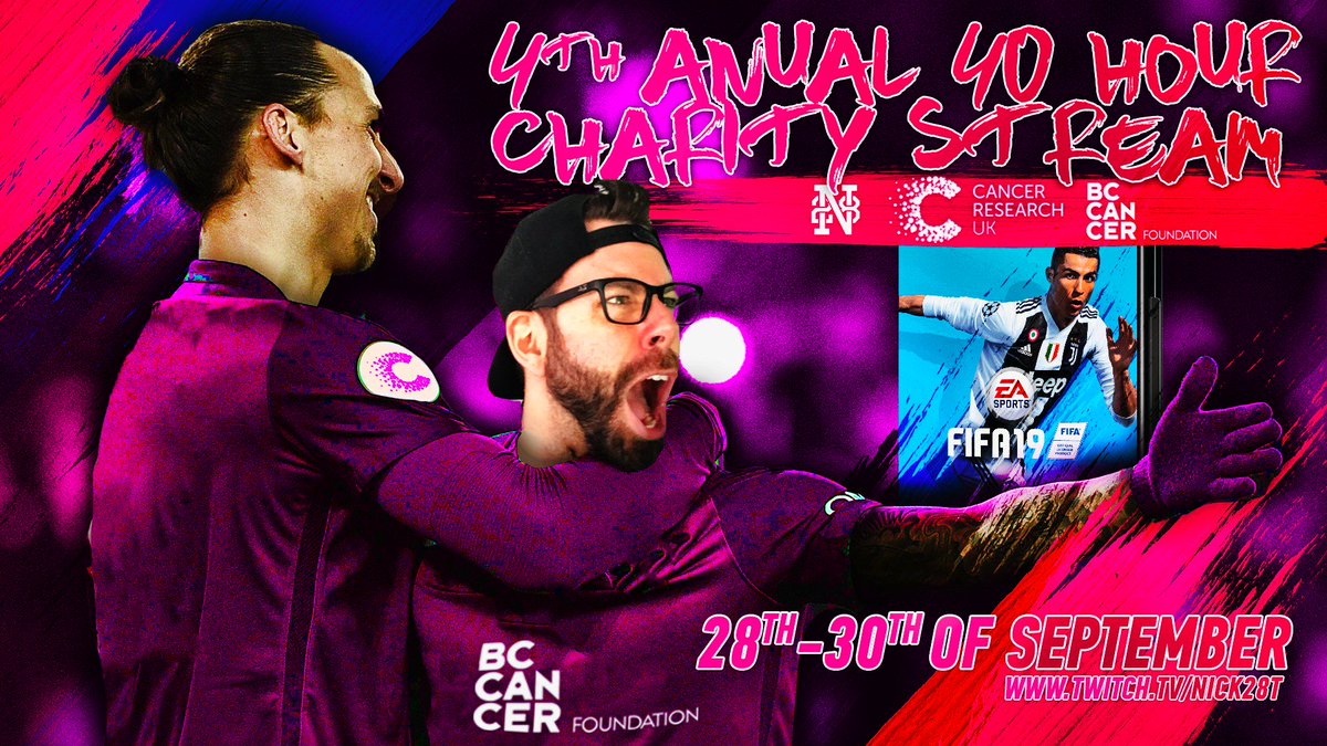 Nick28T's tweet image. 4th annual 40 HOUR CHARITY STREAM FOR CANCER RESEARCH starting SEPT 28th 2018!

Details:
- New F CANCER SHIRT AVAILABLE (all profits donated): dbh.la/nick28t
- Support @CR_UK (UK/Europe): justgiving.com/fundraising/n2…
- Support @bccancerfdn (America): donate.bccancerfoundation.com/nick28T
