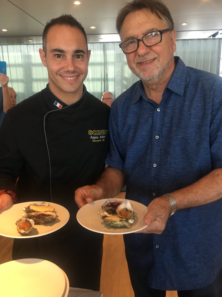 raymond_blanc's tweet photo. oysters for everyone!!what a wonderful way to end my trip in Bordeaux. Fresh oysters and beautiful sauces for our guests.Angelo the @Scenic_UK Executive Chef- talented young man , and Goffrey with the freshest oysters. I feel very lucky☀️ 🚢 https://t.co/9WmxvXVL2i