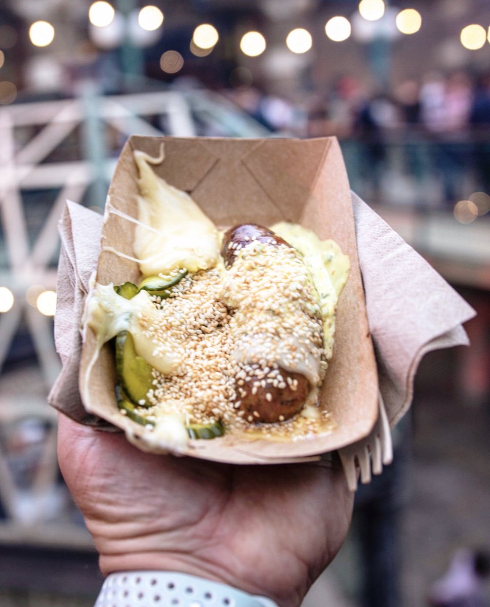 coalrooms's tweet photo. Wow, what a night. Thanks to all those who joined us at @MeatopiaUk opening evening last night! Thanks to @scottcaneat for this snap of @ChefSamBryant's wicked aged beef cheeseburger sausage, topped with raclette and pickles. #coalrooms #meatopiauk #meatopia2018 https://t.co/qP0sk1L6SH