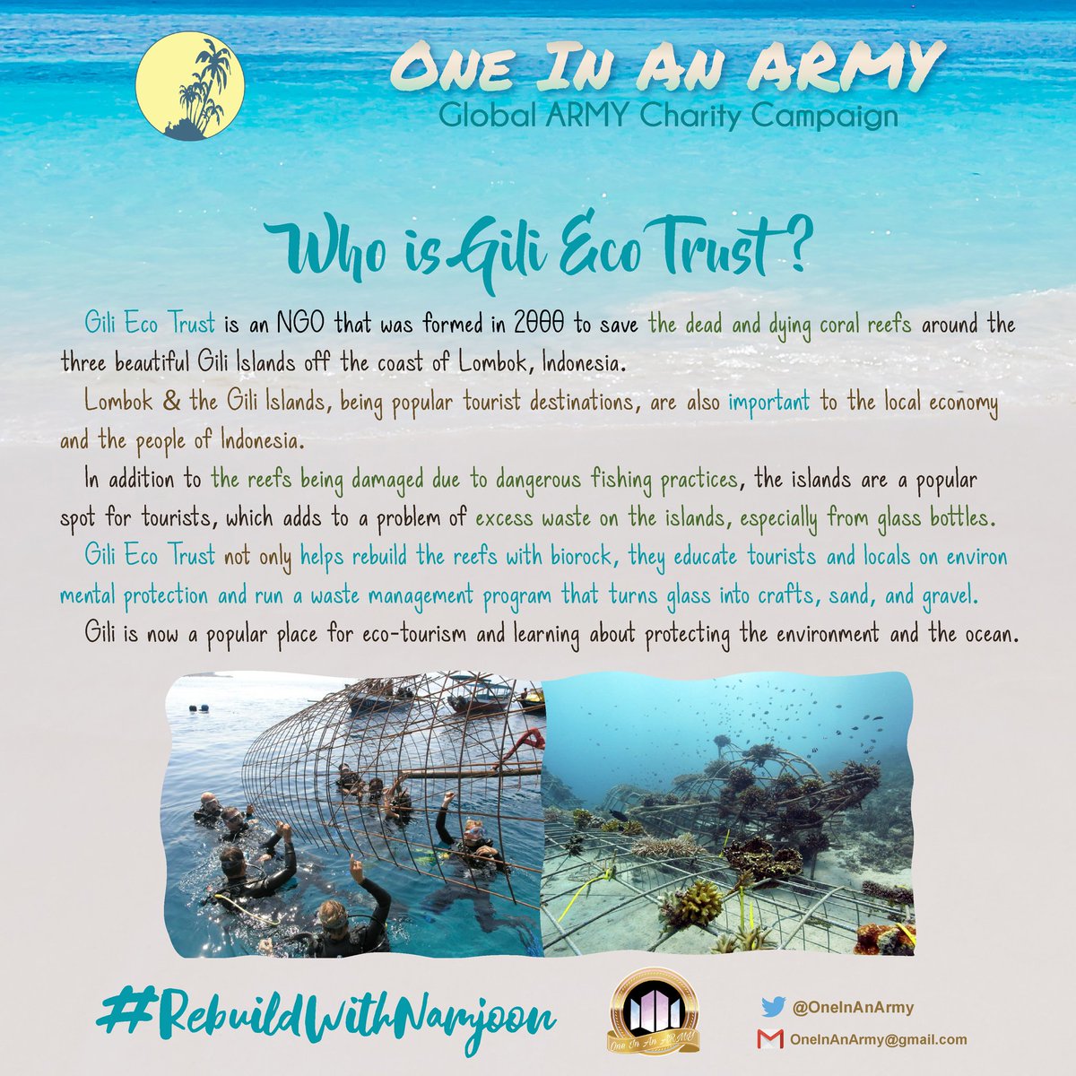 OneInAnARMY's tweet photo. Our precious leader Namjoon's #OneInAnArmy
Birthday Campaign just started!

We'll be supporting Gili Eco Trust, an organization that protects the environment and oceans 💙

Donate here: https://t.co/xRVAQW1Dix

Please use #RebuildWithNamjoon to tweet about it 💚

More details 👇 https://t.co/W9xpC5x8Os