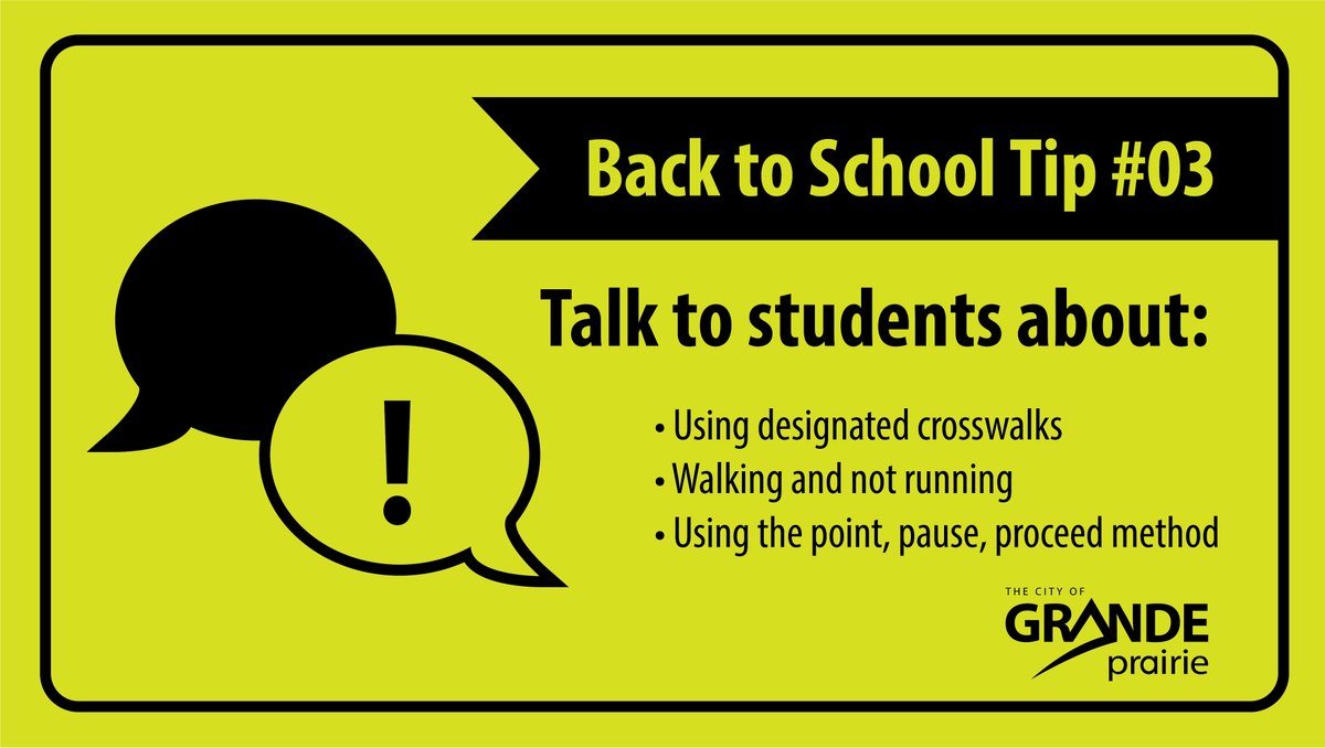 CityofGP's tweet photo. Back to School Tip #3 - Have a chat with your children about back to school safety.
Remind them to use designated crosswalks; walk, not run; and use the point, pause, proceed method to clearly show drivers if they intend to cross a street.
#gpab #gproads https://t.co/esYsn1d8gq