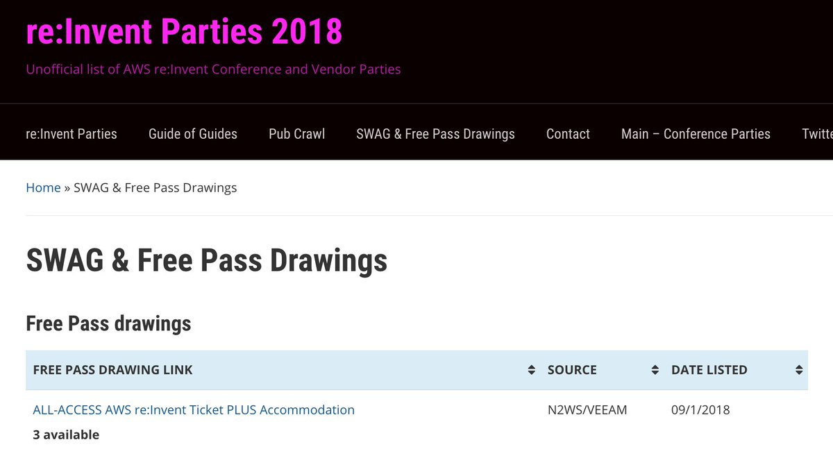 SOMETHING NEW | We are listing opportunities to win a Free Pass to re:Invent, etc.  First up is from <a href="/n2wsoftware/">N2WS</a> &amp; <a href="/Veeam/">Veeam® Software</a> and includes accommodations!  
WOW!  
conferenceparties.com/reinvent2018/s…  
#Reinvent #AWSreInvent