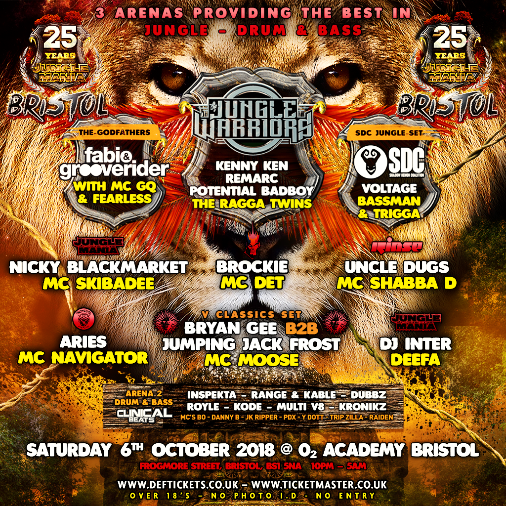 25 Years of <a href="/junglemaniauk/">Jungle Mania UK</a> on Saturday 6 October @o2academybris 🎟️ deftickets.co.uk 🎧🎤 <a href="/JungleWarriors_/">JungleWarriorsUK</a> <a href="/fabioandgroove/">Fabio & Grooverider</a> #SDC <a href="/djbrockie/">dj brockie</a> <a href="/McdetUk/">Mc det</a> <a href="/nickyblkmkt/">nicky blackmarket</a> <a href="/TheRealSkibz/">Mc Skibadee</a> <a href="/UncleDugs/">Uncle Dugs</a> <a href="/shabbadan/">MC SHABBAD 🌟🌟🌟🌟🌟</a> <a href="/ariesuk/">Aries</a> <a href="/Navi4Real/">NAVIGATOR</a> <a href="/vforever/">bryan gee</a> <a href="/djjjfrost/">Jumpin Jack Frost</a> <a href="/mcmoose600/">mcmoose600</a>  #oldskool #junglist