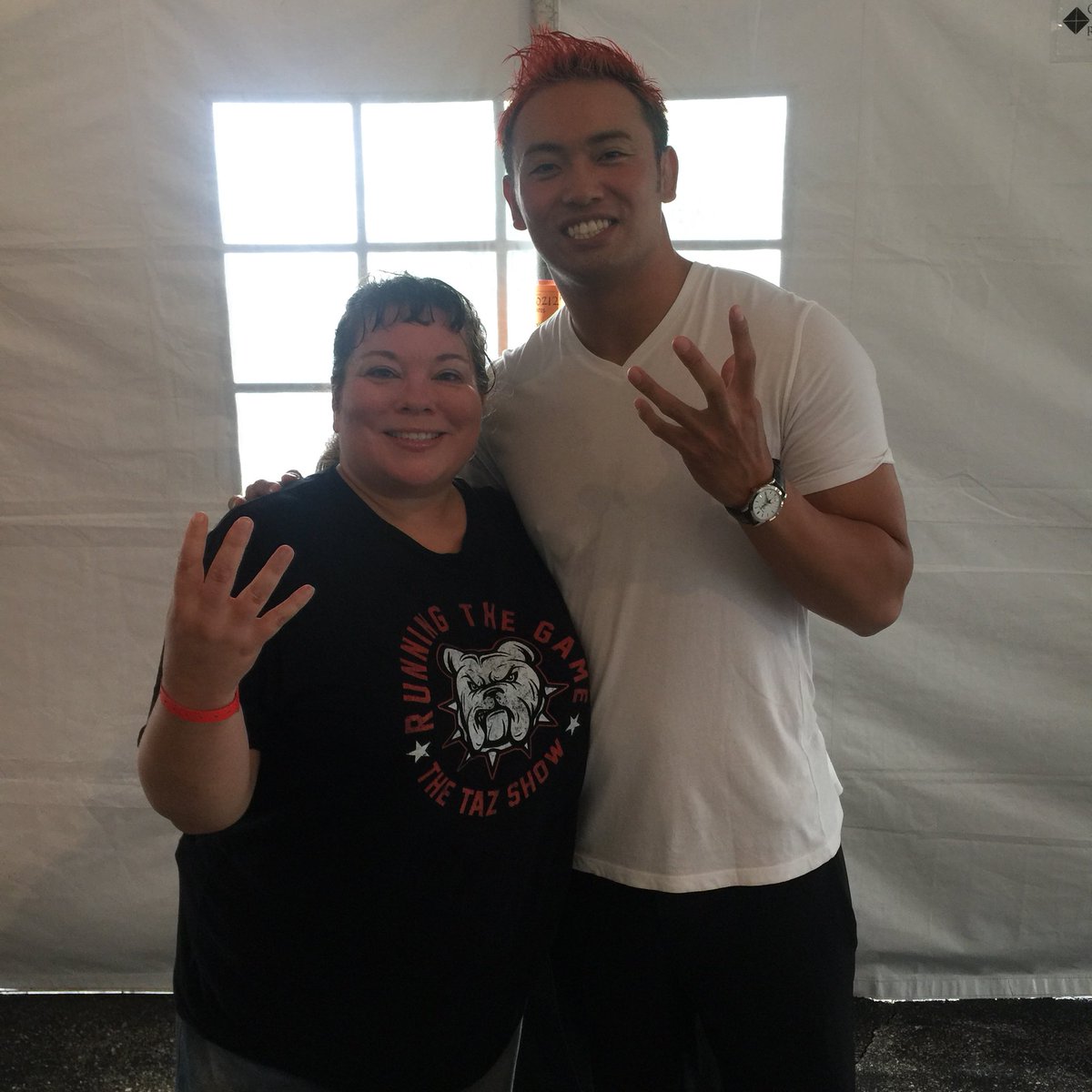 VertigoMama's tweet image. Repping #TheTazShow with the Rainmaker #KazuchikaOkada #FlipsAllOutParty #allin #weover @OfficialTAZ