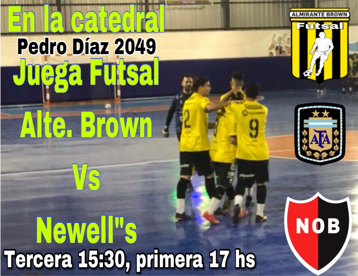 Mañana juega Brown y se enfrenta a Newell’s.

Necesitamos de su apoyo en la cancha alentando a los muchachos!!

Tercera división 15:30 hs.
Primera división 17:00 hs.

Vamos Brown 🖤💛🖤💛
@FutsalPrimeraD <a href="/altebrown1/">El termo de Brown</a> <a href="/pasionfutsal/">Pasión Futsal</a>