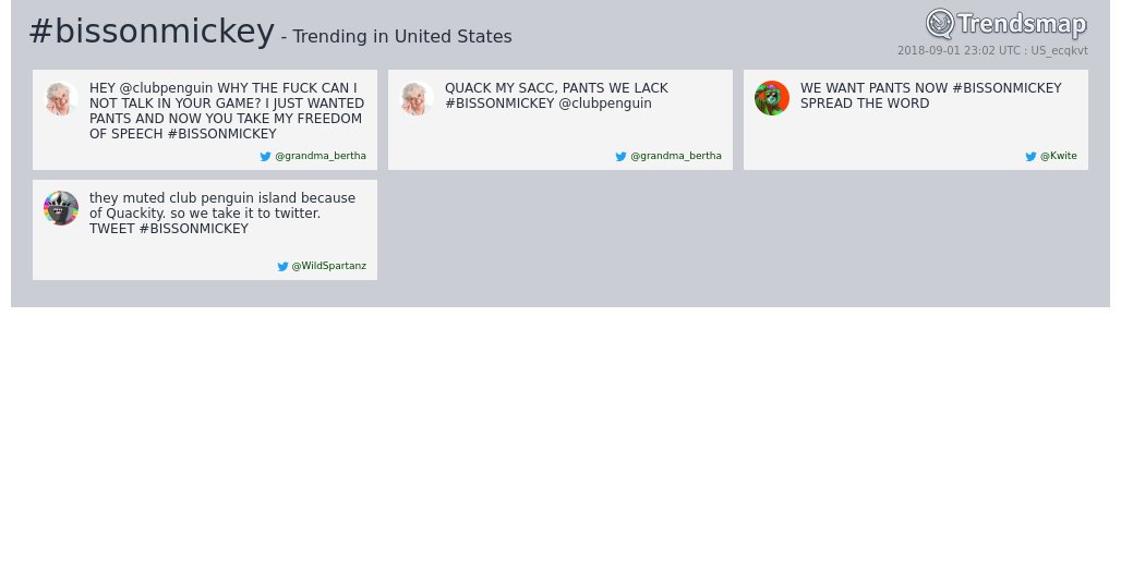 TrendsmapUSA's tweet photo. #bissonmickey is now trending in United States

https://t.co/YdtRdCIPhY https://t.co/oB2Wro3F6P