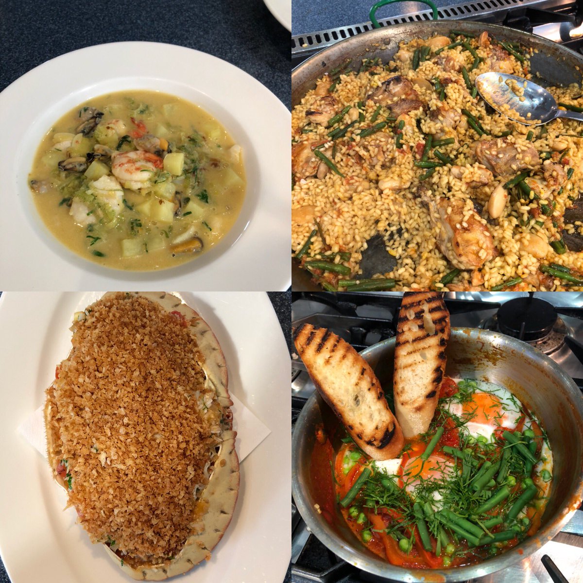 RickSteinSchool's tweet photo. Highlights from today’s Spanish cookery course, started with flamenco eggs for breakfast and finished off with Paella 🥘 #spanishcookery #cornwall #paella #cornishfish https://t.co/Fm0nrNjkaO