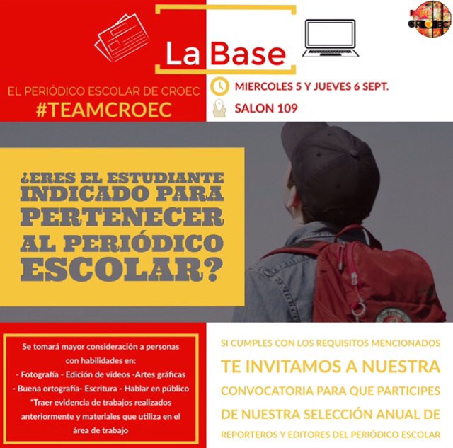 labasecroec's tweet photo. ¿Te gustaría ser parte de nuestro crew? Entrevistas miercoles 5 y jueves 6 de septiembre en el salón 109 a las 1pm
#NuevosIntegrantes
#TeamCroec
#LaBase https://t.co/5ua257SVFZ
