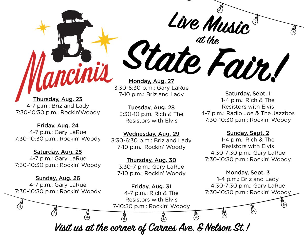 ManciniAlFresco's tweet photo. Fab last fair weekend of free entertainment planned. Come see @brizandlady, Gary LaRue, Rich &amp; The Resistors with Elvis, Rockin' Woody and Radio Joe &amp; The JazzBos. https://t.co/BNod3Rx9Dr