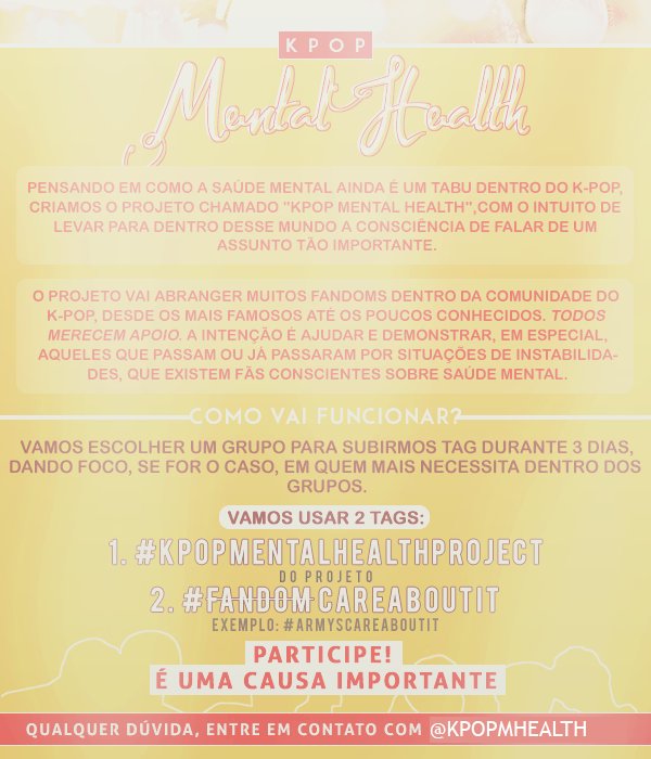 moonsaturnm's tweet photo. [PROJETO] - thread explicativa

galera,
pensando na saúde mental dos idols e aproveitando o fato de estarmos no mês de prevenção ao suicídio, estamos retornando com um projeto colocado em prática ano passado. leia o banner e a thread para entender! 💛

#KpopMentalHealthProject https://t.co/mi4P8DeIqd
