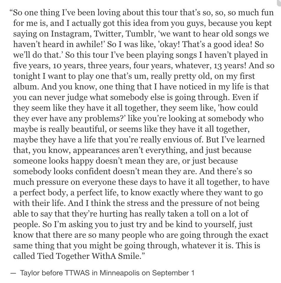 Katie__Slater's tweet photo. @taylorswift13 somehow always knows what we need to hear... #repTourMinneapolis #TTWAS
(📝- @tay13bae ) https://t.co/dIquImA6Bs