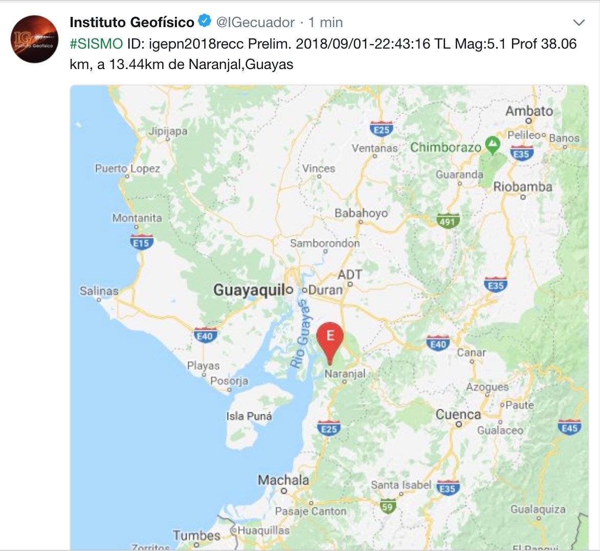 lahistoriaec's tweet photo. #Temblor de magnitud 5.1, según reporte preliminar del @IGecuador con epicentro en #Naranjal, Guayas. https://t.co/9sFnjhWhoA