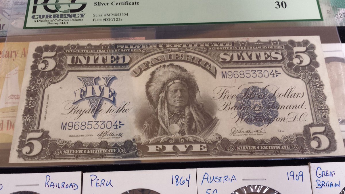 Five Dollar Silver Certificate with Native American Indian portrait United States of America Circa 1899 #NativeAmerican #Indian #SilverCertificate #portrait #currency #FiveDollarBill #rare #old #cool #UnitedStatesofAmerica #five