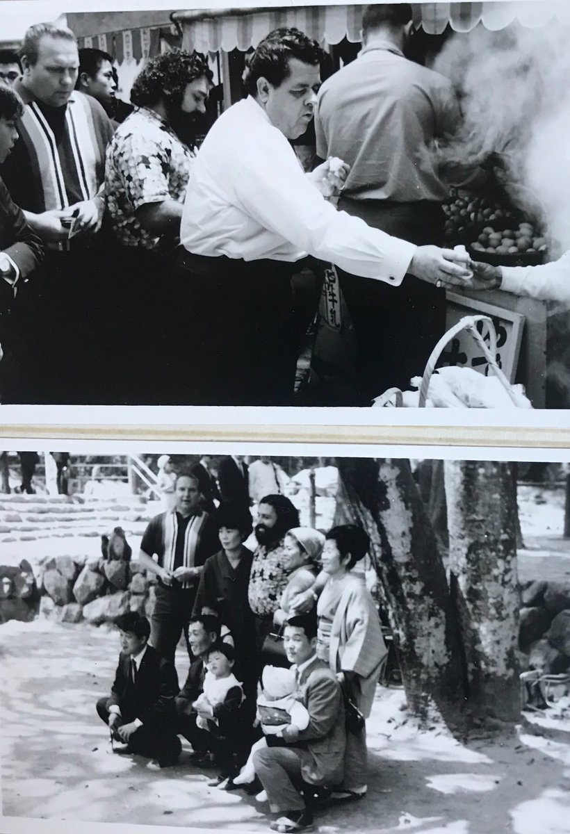 PFirpo1's tweet photo. @GreatBrianLast @TheJimCornette these pics are also from the 1969 Japan trip. I recognize Crybaby George Cannon but not sure who the wrestler with the stripes down the dark brown shirt is... Nevertheless, he and my dad appear to be handing a coin to a #trainedmonkey 👍🏻😝 https://t.co/LdZP0ME2ig
