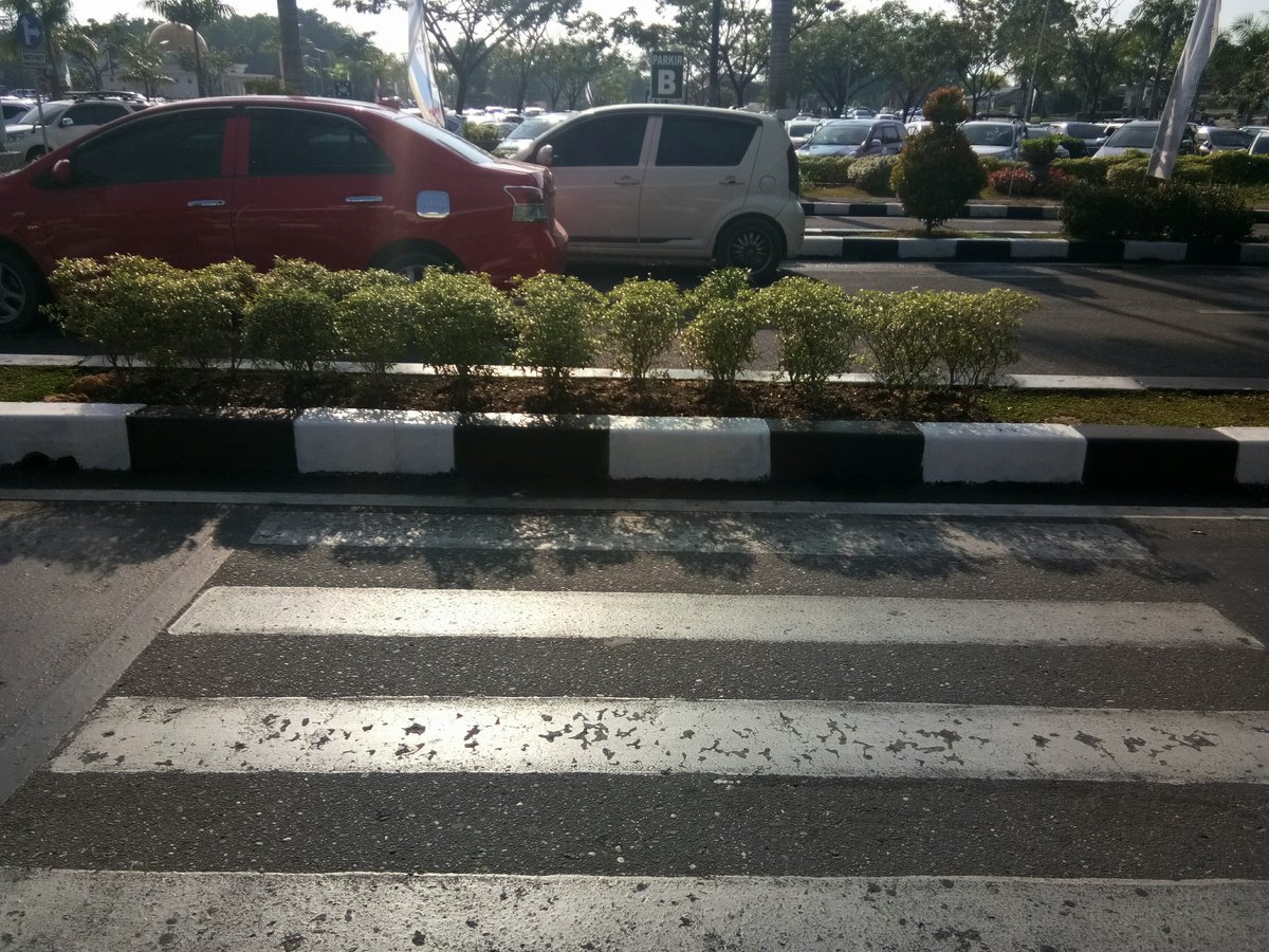 zikhwan's tweet photo. Ketemu zebra cross di bndra Sultan Syrif Qasim II Pku, seperti difoto. Nabrak bunga? Repotnya lg, dijalur berikutnya tdk ada zebra cross. Baiknya diperbaiki.😱 @AngkasaPura_2 https://t.co/2Hmfb5Glql