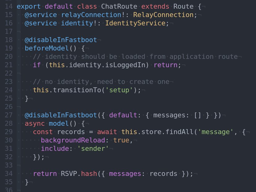 the #emberjs of the future... today!

In the picture is a route-handler demonstrating async "lifecycle hooks" that are disabled in a server-side rendering context via a decorator. 

beforeModel is a guard for access to the route. and model is what fetches the data for the route.