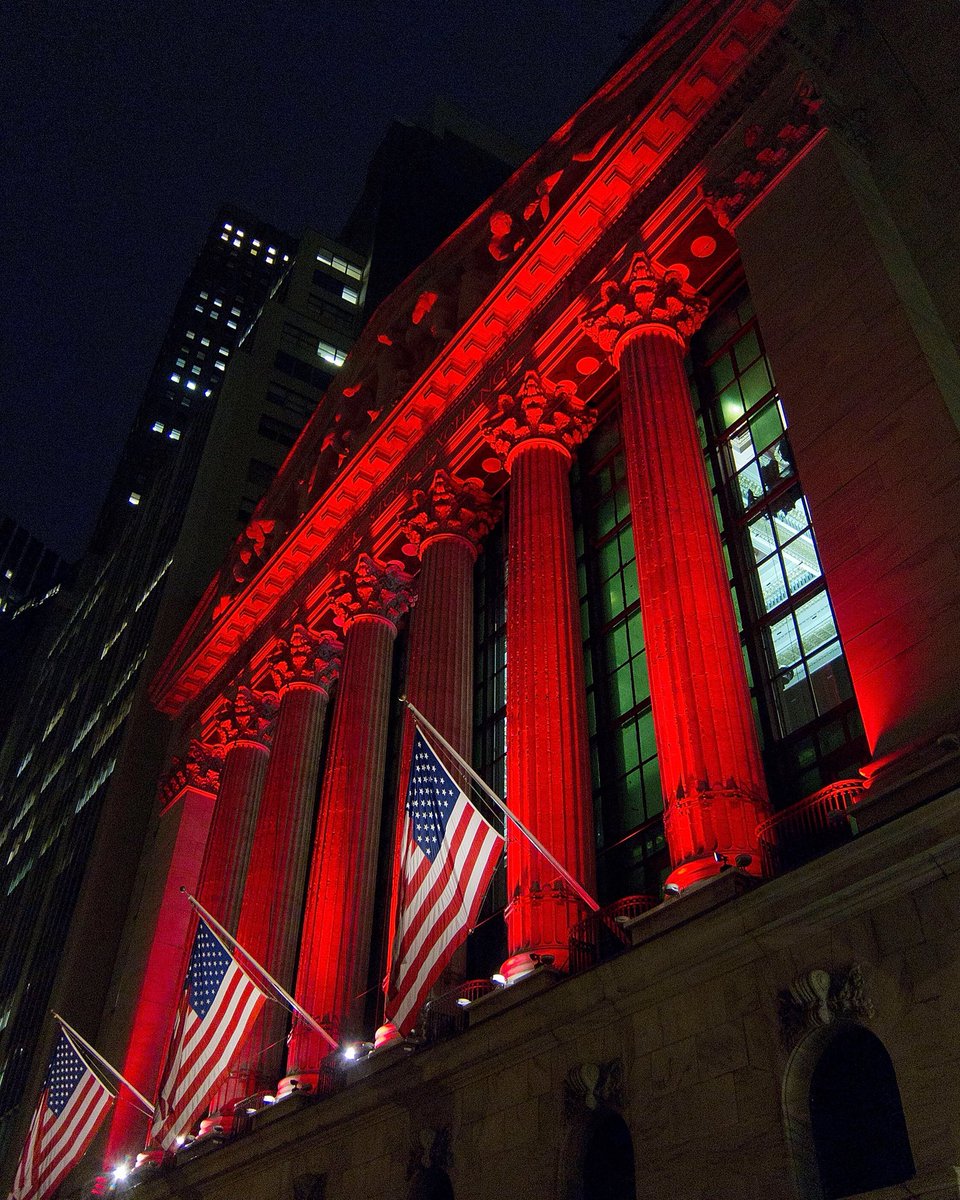 NYSE's tweet image. We’ve partnered with the @LLSusa for Blood Cancer Awareness Month to light the sky red, helping bring awareness to their cause #TurnItRed #FightBloodCancer