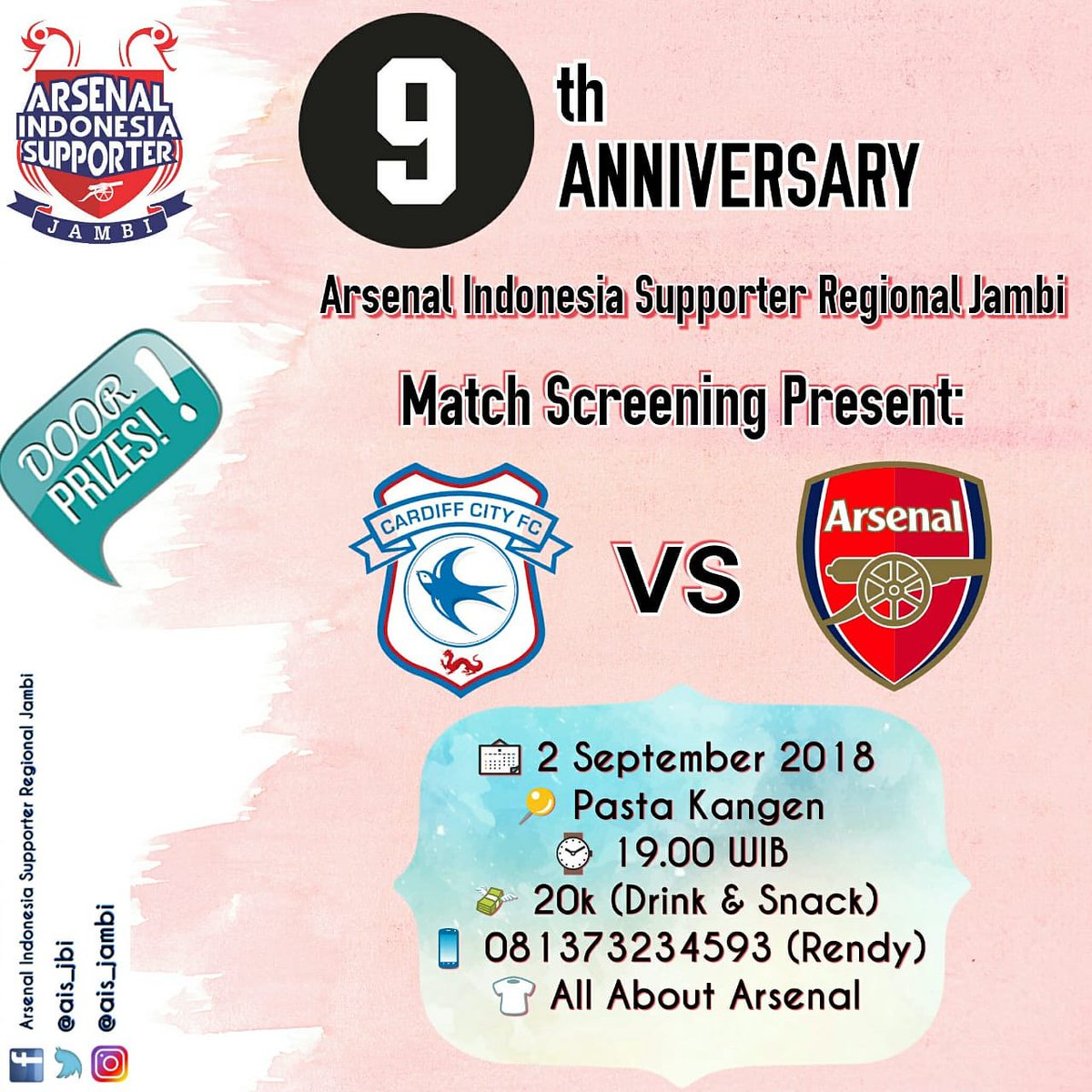 [Nobar with Ais Jambi &amp; Anniversary 9th Ais Jambi]

Cardiff City vs Arsenal
Minggu, 02 Sept 2018
At Pasta Kangen (samping sekolah adhyaksa sipin)
Open gate 19:00 WIB
Htm 20K (makan &amp; minum) 
DC : Baju / Jersey Arsenal 
Banyak Doorprize 👕🎂🎁🎉
Cc <a href="/ID_ARSENAL/">ARSENAL INDONESIA</a>