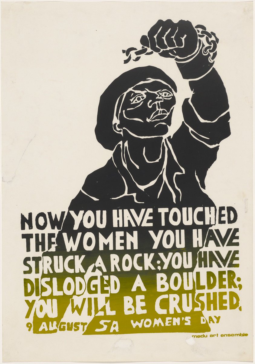 Poster for Women's Day, a South African day commemorating a 1956   demonstration in Pretoria where 1000s of women gathered to against apartheid, printed by Medu Art Ensemble, a collective  of South African exiles/activists, recreated by Judy Seidman,1981 #womensart