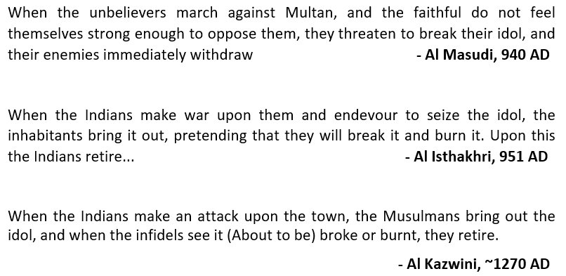 20) Second: Idol was their shield against the aggression of Pratiharas. So Al-Masudi writes that whenever Kafirs (Pratiharas) marched against Multan, Muslims blackmailed them with the threat to break the main murti and Pratiharas used to withdraw.