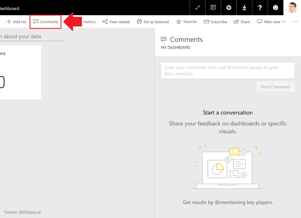DMaslyuk's tweet photo. You can now add comments to dashboards in #PowerBI service!

These can be general dashboard comments or comments on specific visuals. You can also mention other people like so: @MSPowerBI. https://t.co/F3AKjViOqT