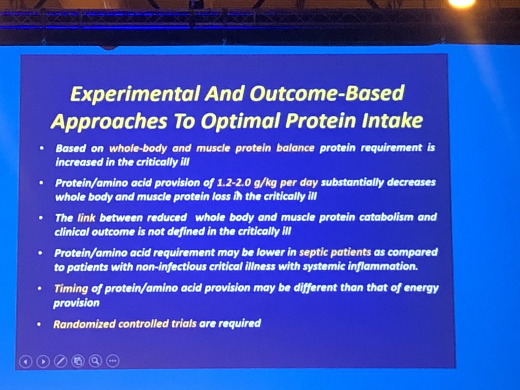 LSChapple's tweet photo. Prof Biolo on what we know about protein metabolism in ICU. RCTs on protein delivery required. Time for #TARGETprotein #ESPEN2018 https://t.co/7p5MEh5bIU