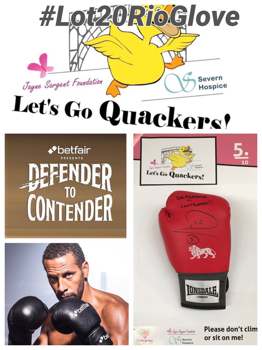 LetsGoQuackers's tweet photo. #Lot20RioGlove
Thanks to @richiewoodhall we have a @lonsdale1960 boxing glove signed by football legend @rioferdy5
#defendertocontender
All proceeds to @severnhospice @jaynesargenttf
Current bid £10
Anyone want to increase that bid?
#rioferdinand #football #boxing https://t.co/4lBIxxerns