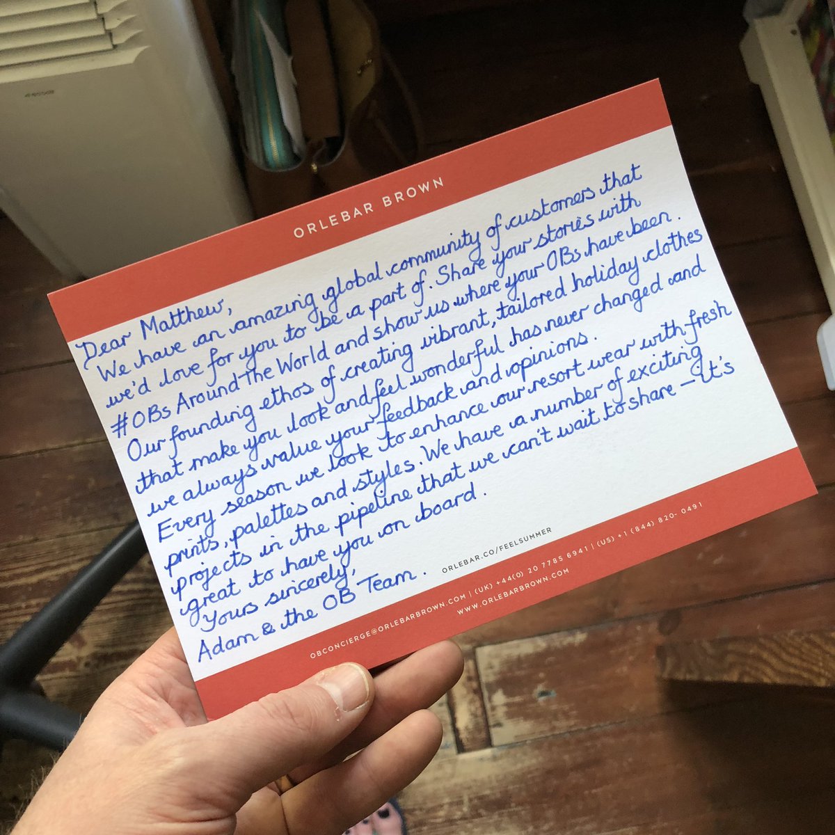 What an amazing thing to come home to. A hand written note from the team at <a href="/OrlebarBrown/">ORLEBAR BROWN</a>. So unusual these days and really raises the brand. Thank you! #OBsAroundTheWorld