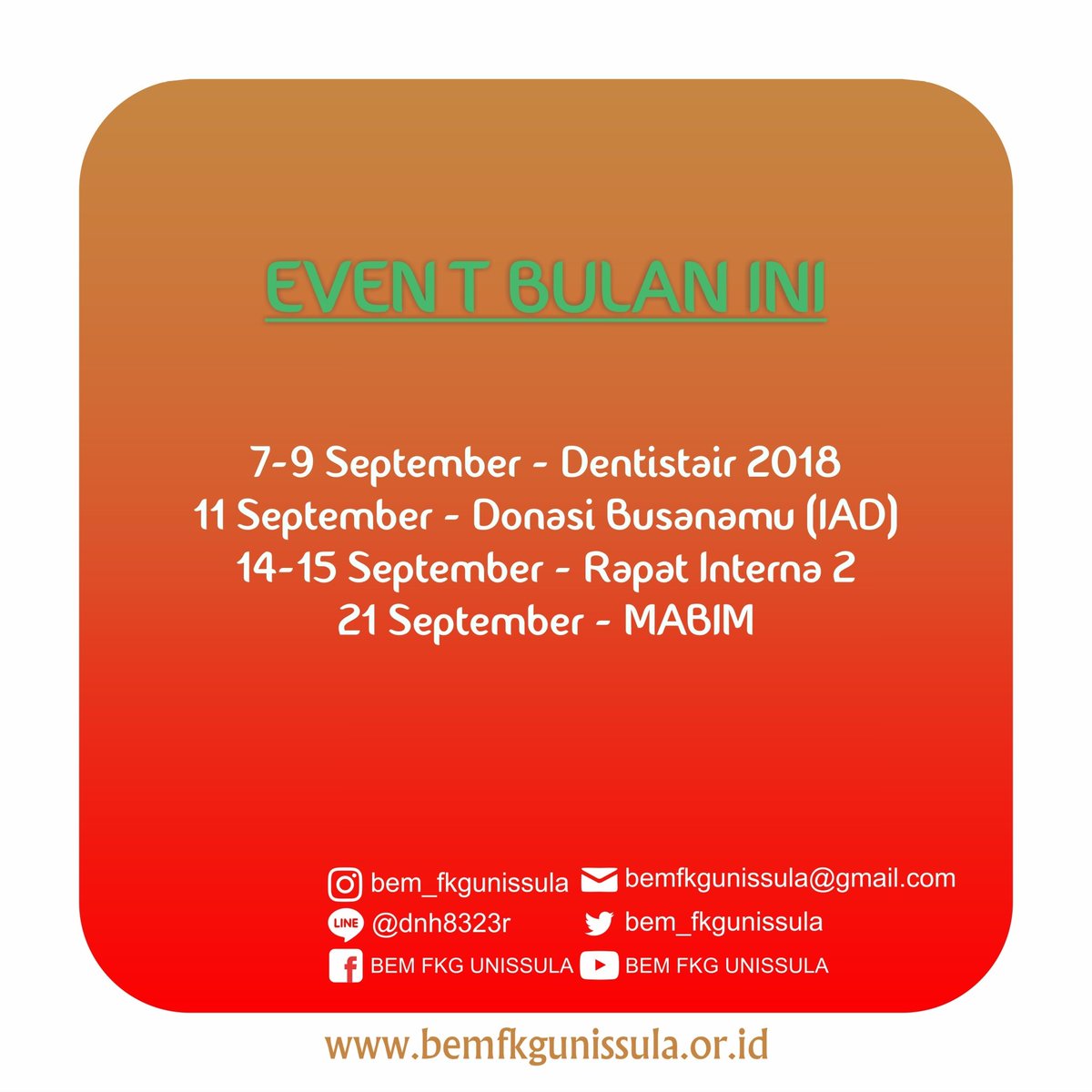 [ WELCOME SEPTEMBER ]
Assalamualaikum Wr.Wb.
Haloo teman-teman gimana kabarnya? Baik kan pastinya.

Welcome September! Selamat datang juga Mahasiswa Baru FKG 2018, dan selamat memasuki semester baru! Good luck!

Cek informasi Dentistair 2018 melalui instagram.com/coronadent16/