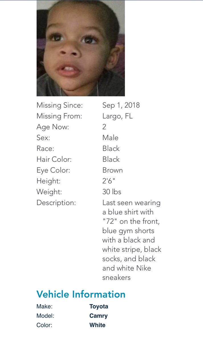 #AMBERAlert for Jordan Belliveau of 2yrs. 2 ft 6 in tall, 30 pounds, last seen in the area of Lake Avenue and East Bay Drive in Largo, Florida, wearing a blue shirt with "72" on the front, blue gym shorts with a black and white stripe, black socks, &amp; black and white Nike sneakers