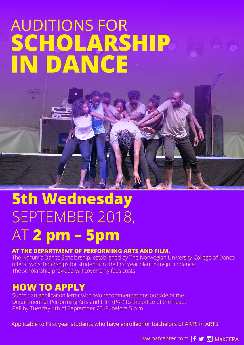 MakCEPA's tweet photo. AUDITIONS FOR A SCHOLARSHIP IN DANCE 
Open for 5th Wednesday SEPTEMBER 2018, AT 2 pm – 5pm https://t.co/Hs2ZEoOO2J