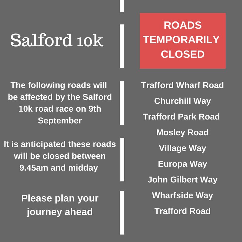 Please be aware of the following road closures in place for the Salford 10k on Sunday 9th September. 

bit.ly/2waXaPP