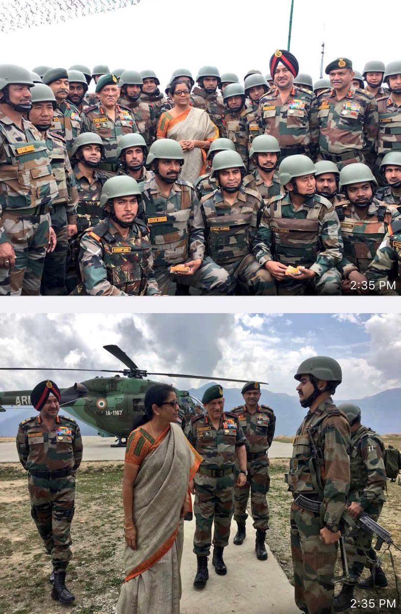 ajitkdubey's tweet photo. #superbpic Def Min @nsitharaman talking to an officer with top brass of the #Army while visiting a forward location on the #LoC . Also see in the pic above that all troops wearing #ballistichelmets for protection. @abhijitmajumder @MyNation @gursymran https://t.co/t9NnsGos9f