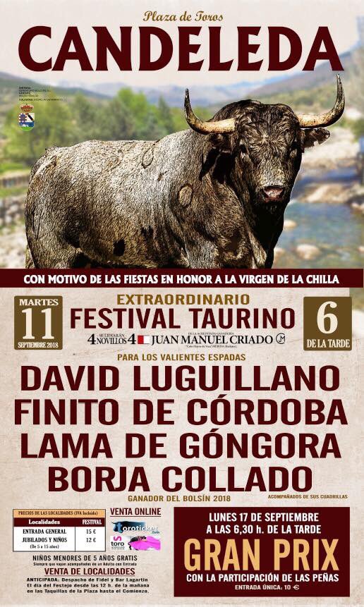 FESTIVAL TAURINO, Martes 11 de Septiembre. #Candeleda #Toros #Festival #DavidLuguillano <a href="/PrensaJSFino/">Comunicación Finito de Córdoba</a> <a href="/JSFino/">Juan Serrano Fino</a> <a href="/LamadeGongora/">Lama de Góngora</a> <a href="/InfoLamaGongora/">Prensa Lama Gongora</a> @BorjaColladoInf <a href="/BorjaCollado13/">BorjaCollado</a> #Ávila #CyL #CastillaYLeón