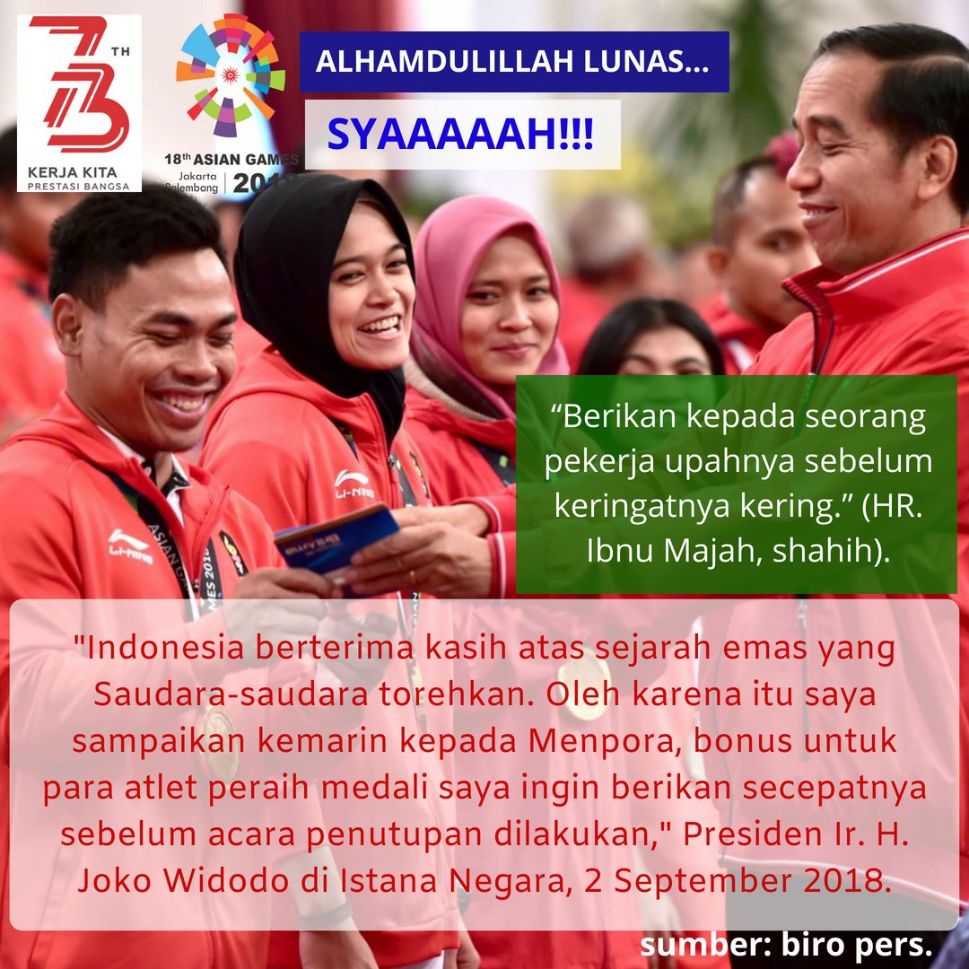 IngRatna's tweet photo. Terimakasih Presiden Jokowi, bonus u/ pelatih&amp;atlet Asian Games.
#PenutupanAsianGames #ClosingCeremonyAsianGames2018 #jokowiAsianGam3sTop https://t.co/sLtKgk4ZtA