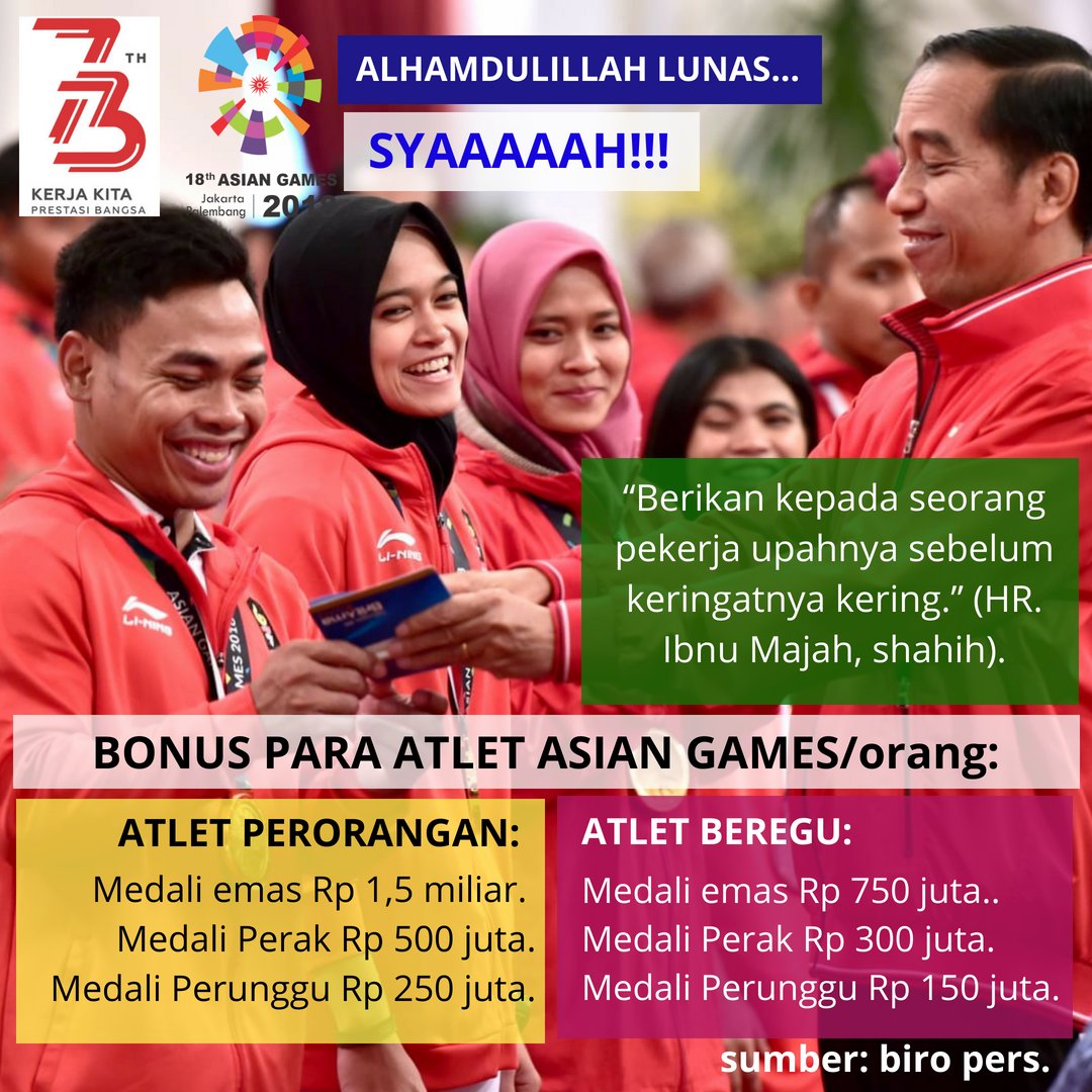 IngRatna's tweet photo. Terimakasih Presiden Jokowi, bonus u/ pelatih&amp;atlet Asian Games.
#PenutupanAsianGames #ClosingCeremonyAsianGames2018 #jokowiAsianGam3sTop https://t.co/sLtKgk4ZtA