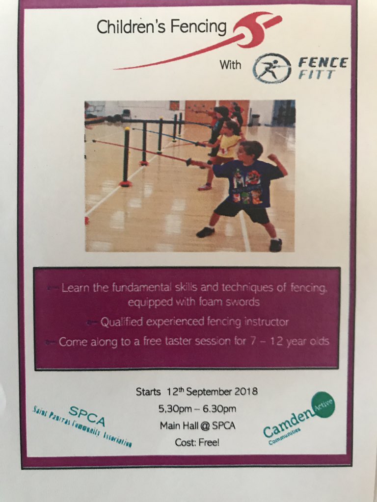 Got a child between the ages of 7-12? Why not sign them up for free fencing classes starting 12th September. Every Wednesday 5:30-6:30 @ St Pancras community centre. Email: Info@fencefitt.com
 #backtoschool #camden #camdenresidents #sport #freelondon #stayactive #london