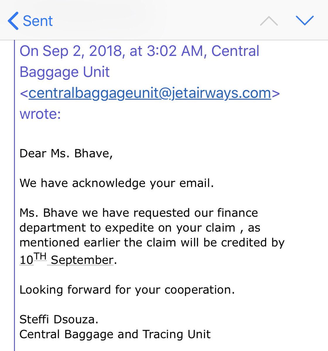 shibani262's tweet photo. Basically it does not take 14 days as suggested by your claims team to make an international bank payment.. it takes maximum two days. Please tell your claims team to make this payment by this weekend or else my further actions will be more costly to your airlines. https://t.co/lFLVoJaNCH