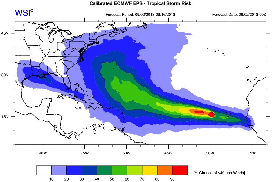 MJVentrice's tweet photo. The tropics are awake &amp; there is a growing range of outcomes for Tropical Storm Florence (and the subsequent wave to emerge of Africa). There's still a good deal of uncertainty in the models regarding the upstream U.S. pattern, which will dictate the track of Florence next week. https://t.co/tmbR2fDUnB