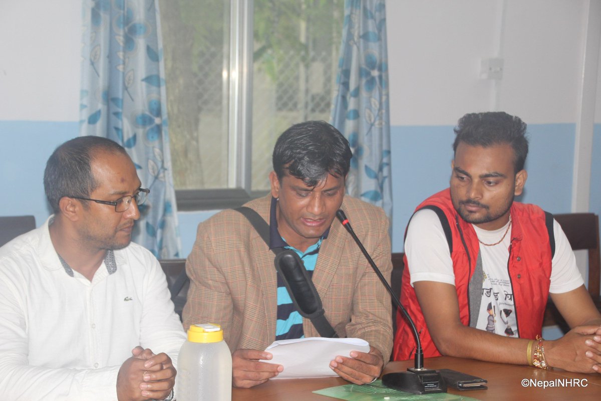 <a href="/NepalNHRC/">NHRC Nepal</a> Press Release
 प्रहरी हिरासतमा मृत्यु भएको घटनाप्रति आयोगको ध्यानाकर्षण, २०७५ भाद्र १७ 
 nhrcnepal.org/nhrc_new/doc/n…