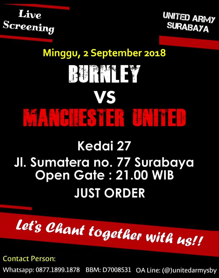 TONIGHT
Live Screening United Army Surabaya

Burnley vs Manchester United
Minggu, 2 September 2018
Di Kedai 27 
(Jl. Sumatera no. 77 Surabaya)
OG : 21.00 WIB
HTM : Just order

Let's Chant together with Us!!

#unitedarmysby #unitedarmy #ggmu #mufc #unitedday