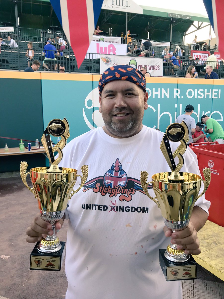 StickyWings's tweet photo. Yesterday we won 2nd place for the best Buffalo wings in the world at The National Buffalo Wing Festival in New York.  We also earned a 2nd place win for the best Sweet wings in the world, a Strawberry wing. #buffalo #buffalowings #london #foodie @franksredhotuk @BuffaloBisons https://t.co/4gVrbiOD6c