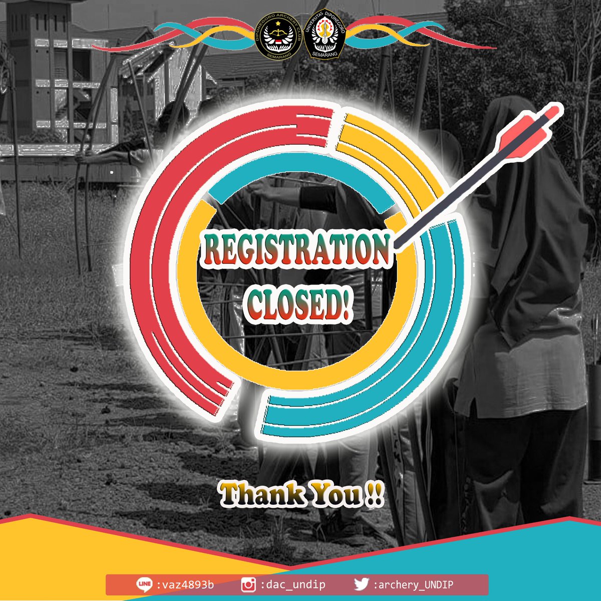 [PENDAFTARAN DITUTUP]

Hari ini pendaftaran telah ditutup. Terima kasih kepada teman-teman yang telah berpartisipasi. Untuk teman-teman yang belum sempat mendaftar mohon bersabar menunggu oprec selanjutnya ya..
#Go!Go!Release!
-------------------------
UKM Panahan
Undip