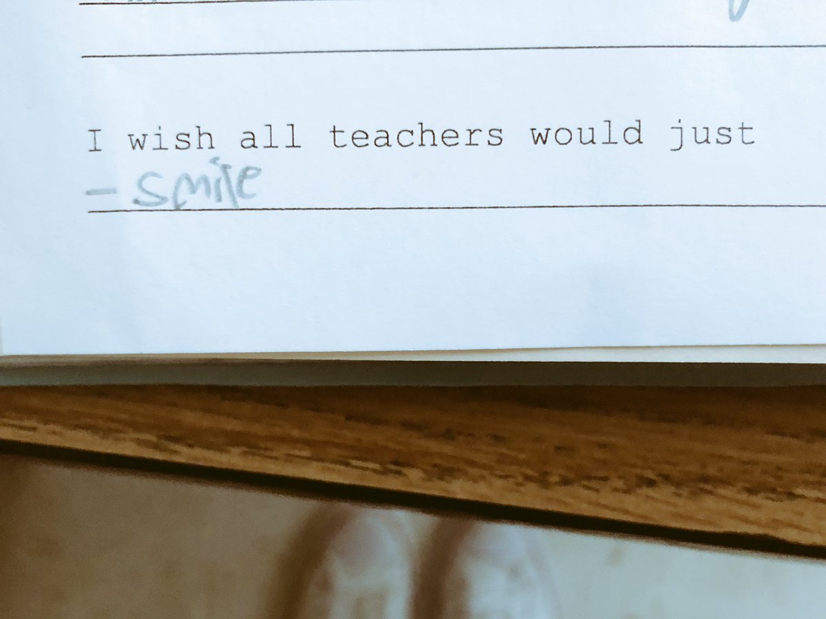 MsNewburger's tweet photo. This response to a student survey resonated with me. As we go into the next week, I hope we all can remember to smile! Our students are always watching. https://t.co/V2fadz8iAc