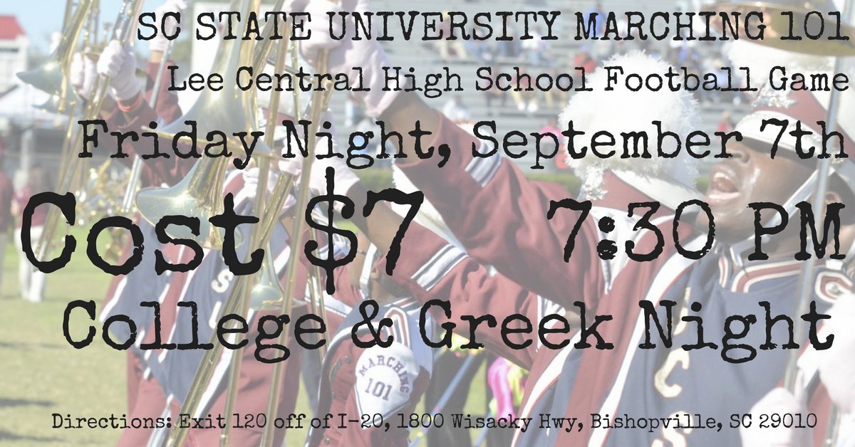 Team_LCSDLead's tweet photo. Mark your calendars now for Sept 7th @ 7:30 PM. They are on the way to Lee Central High School. @SCState101 Marching 101 Band! Calling all Bulldogs! @LCHS_Stallions #leecentral #scstate #collegenight @SCSTATE1896 @SCStateAthletic https://t.co/5E1GlIQBJR