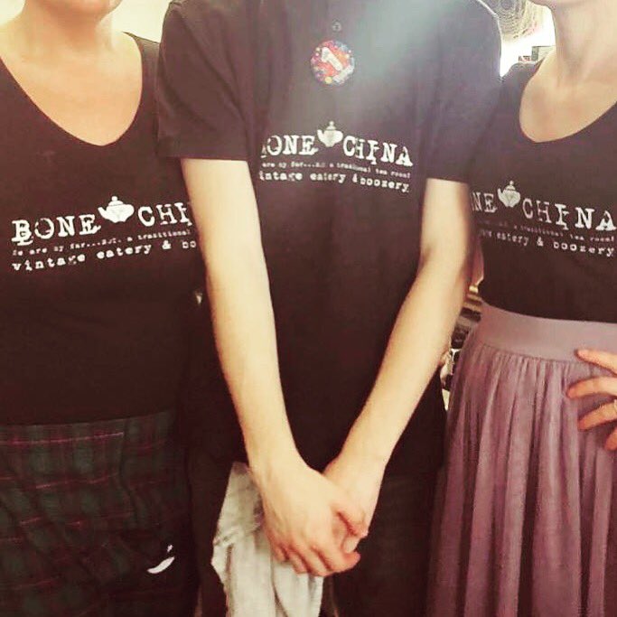 PrintRoomTruro's tweet photo. The staff at Bone China in Truro rocking their new uniforms printed here at The Print Room, Truro. Get in contact if you have anything screen printing...no minimum run. Thanks! #printedapparel #screenprint #handprinted #uniforms #printeduniform #newbusiness #cornwall #truro https://t.co/h3B1Cwl9WE