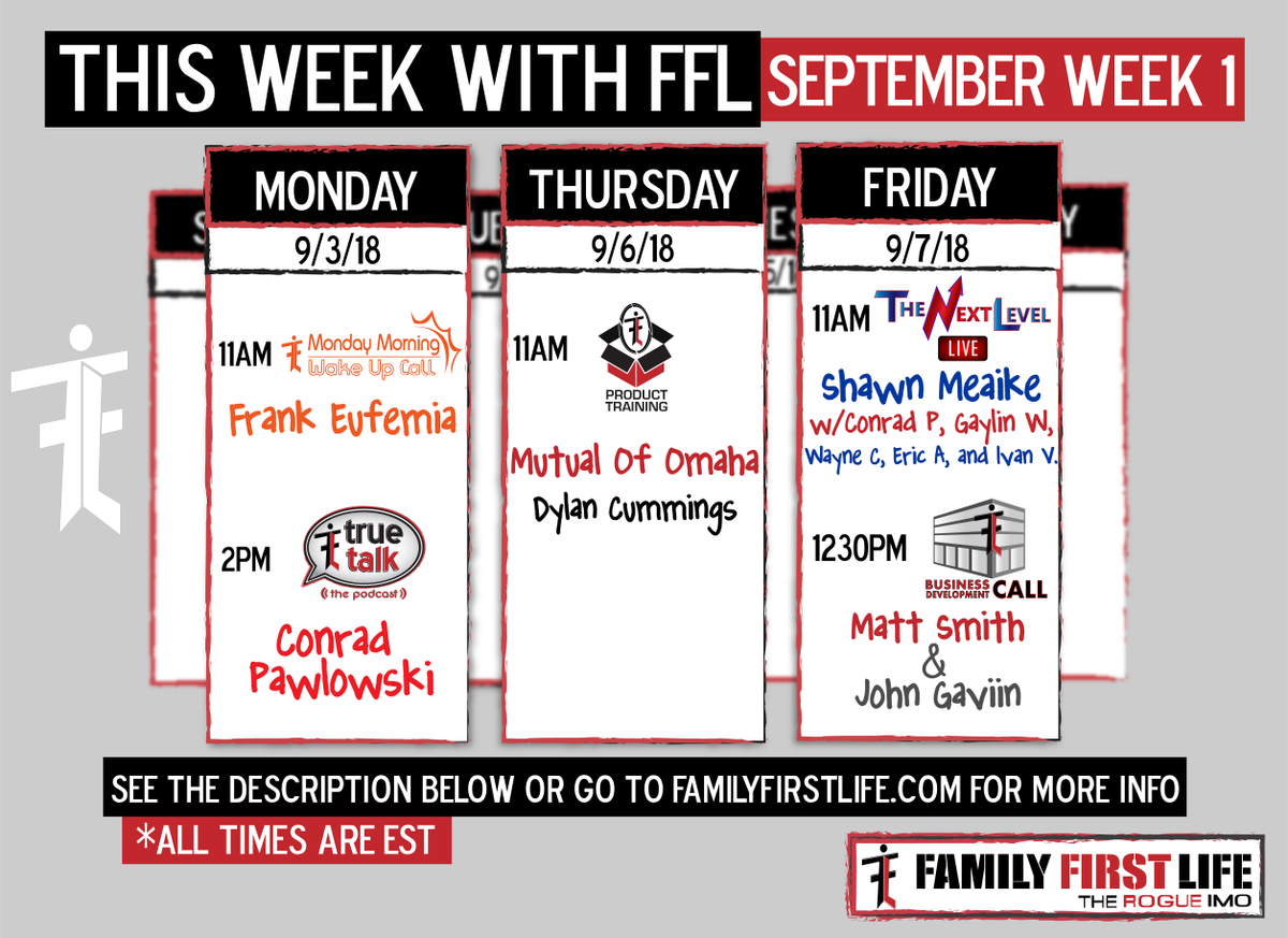 FamilyFirstLife's tweet photo. Welcome to a new month at Family First Life. Plan your week now! These trainings will help you to get the most out of your time this week. #InsuranceSalesTraining #WinWithFFL #TheYearOfTheAdult #InsuranceSales https://t.co/YDZSWkxauf